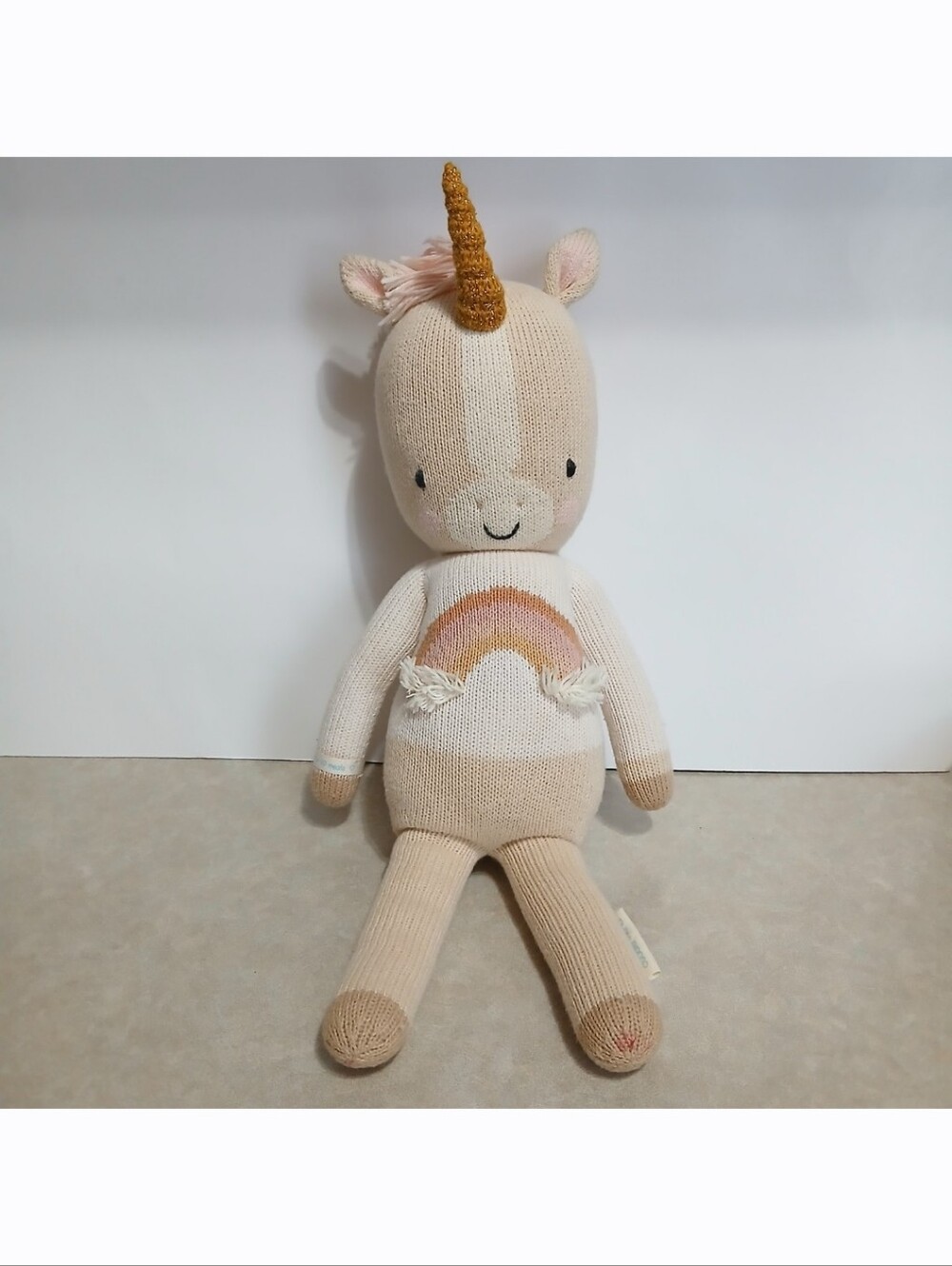 CUDDLE + KIND Handmade In Peru 20" Unicorn Knit Plush Beige Rainbow Stuffed Toy
